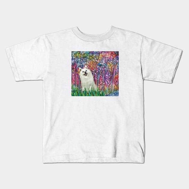 Japanese Spitz and Bluebird in "Forest in Bloom" Kids T-Shirt by Dogs Galore and More